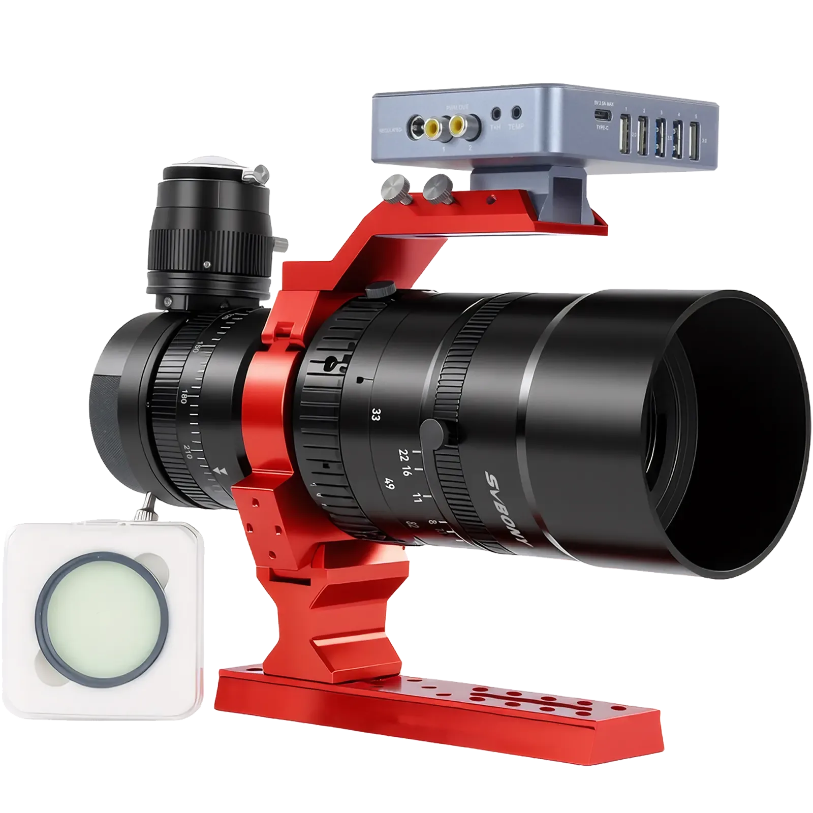 Svbony SV555 deep-sky imaging set mounted behind a refractor for long-exposure astrophotography