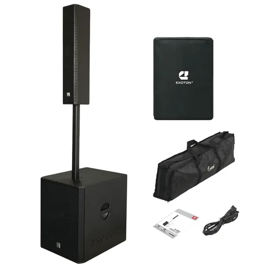 EXOTON PA speakers lineup showing column and portable models for different venue sizes