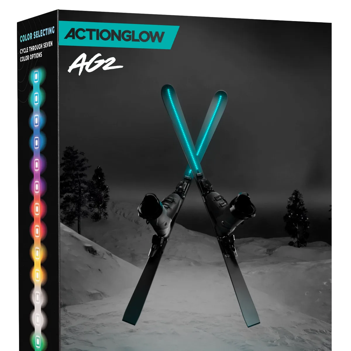 Two snowboarders using LED lights for snowboarding and reflective jackets while riding together on a lit night trail