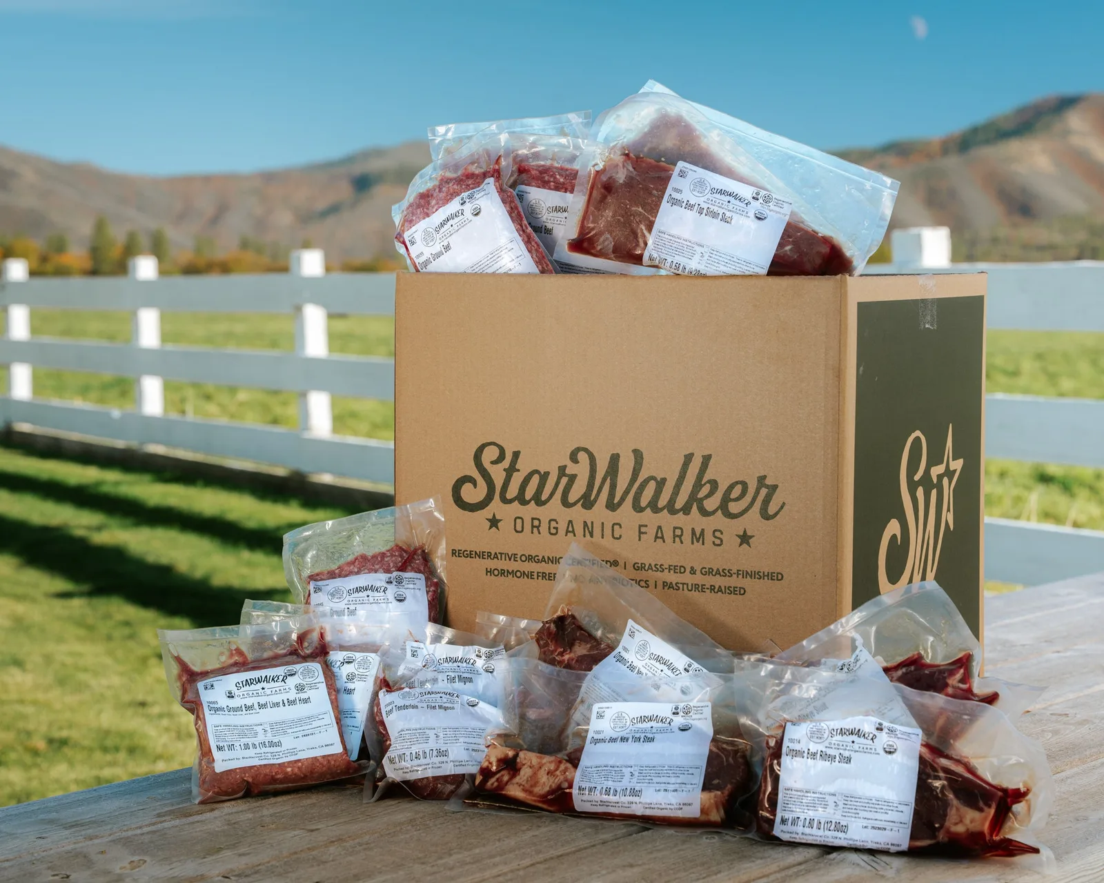 StarWalker Organic Farms curated beef and pork meat box contents