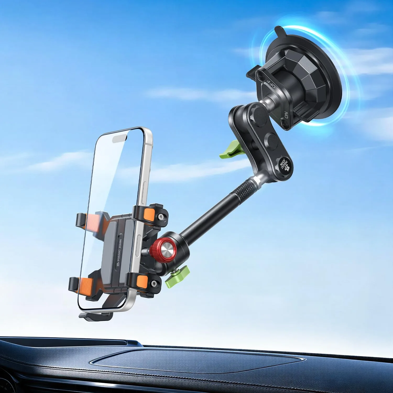 Magic John windshield car phone holder gripping a smartphone at eye level