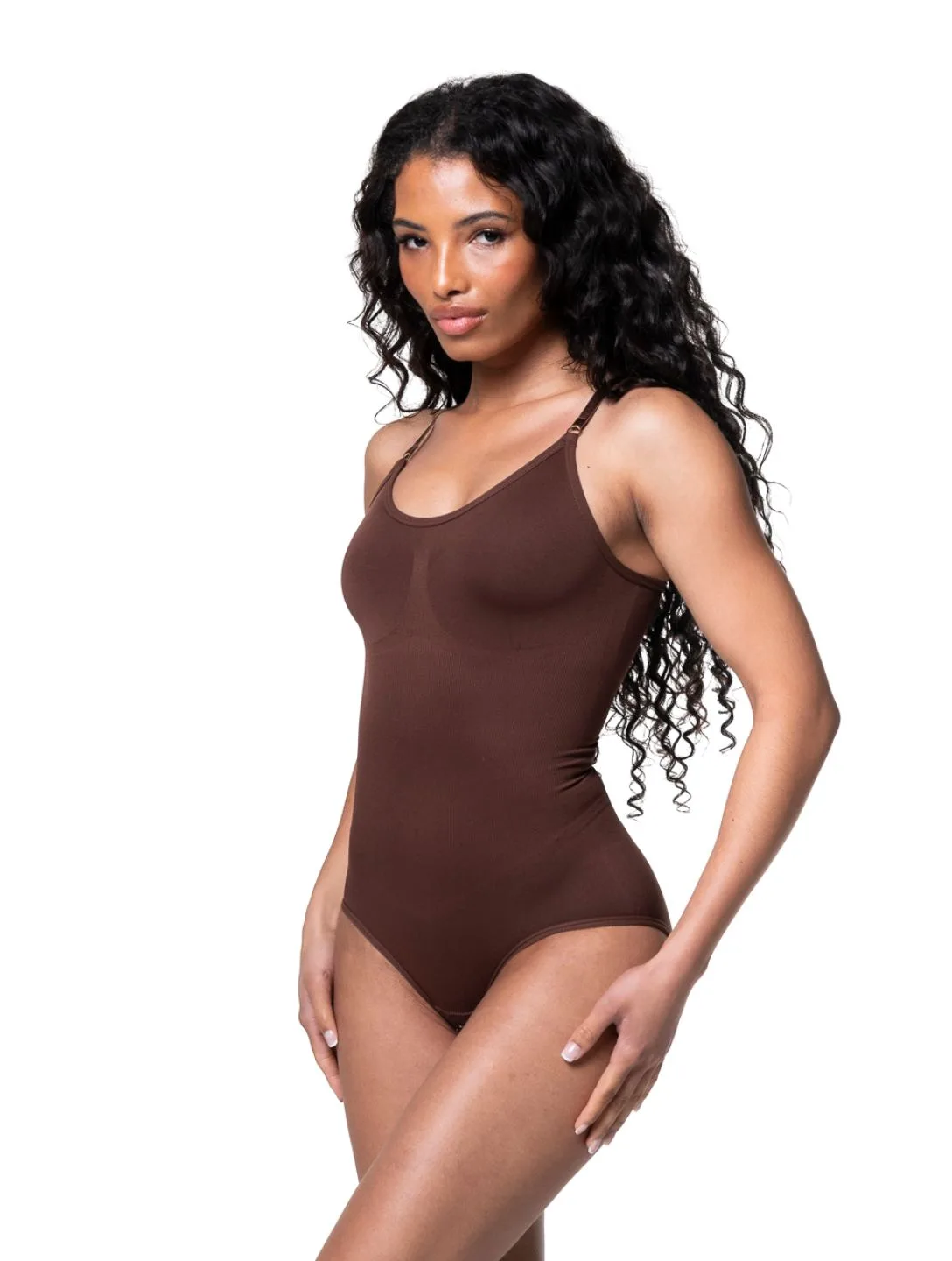 HEYSHAPE Snatched shapewear bodysuit in brown, side view