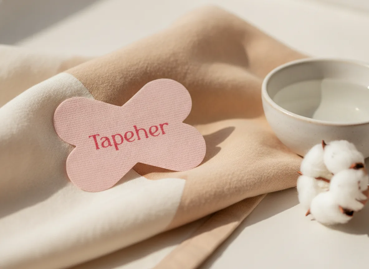 Pink X-shaped TapeHer mouth tape strip resting on soft cotton cloth beside a bowl of water and cotton flowers, illustrating a gentle adhesive for sensitive skin