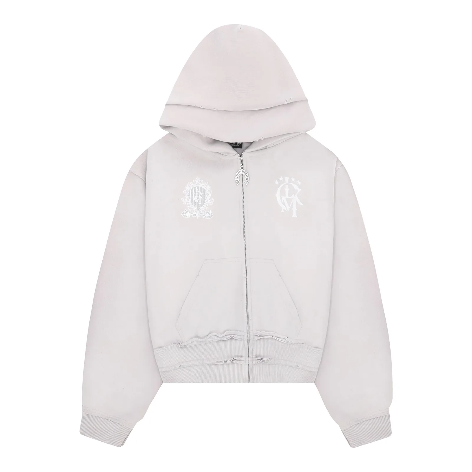Distressed zip hoodie styled as part of a streetwear tracksuit co-ord