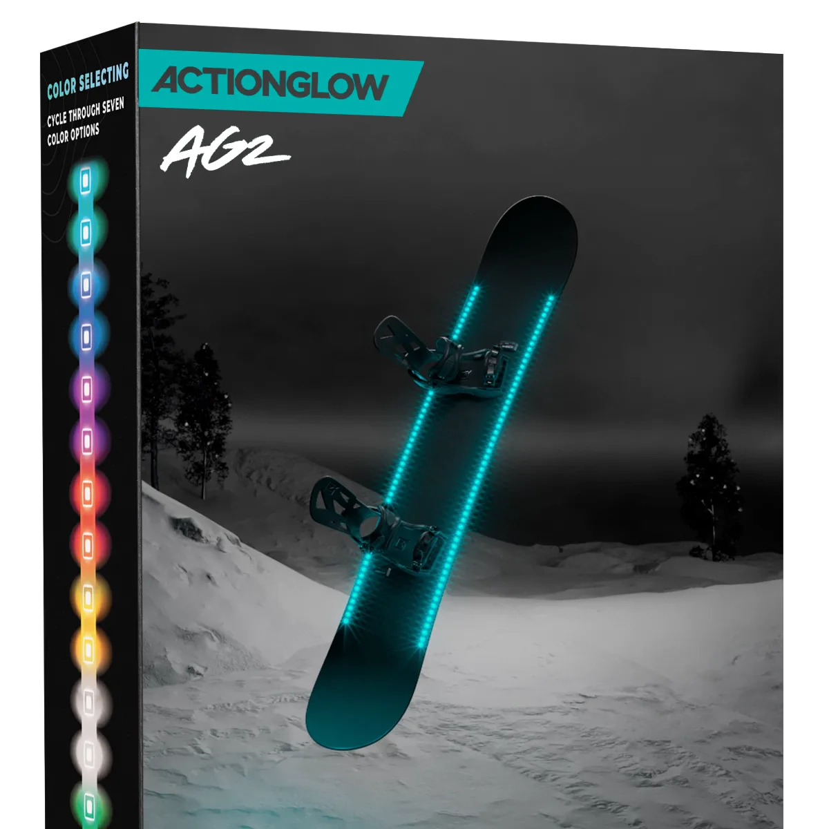 Snowboarder riding a groomed night trail with ActionGlow SNOW LED lights glowing along the board edge