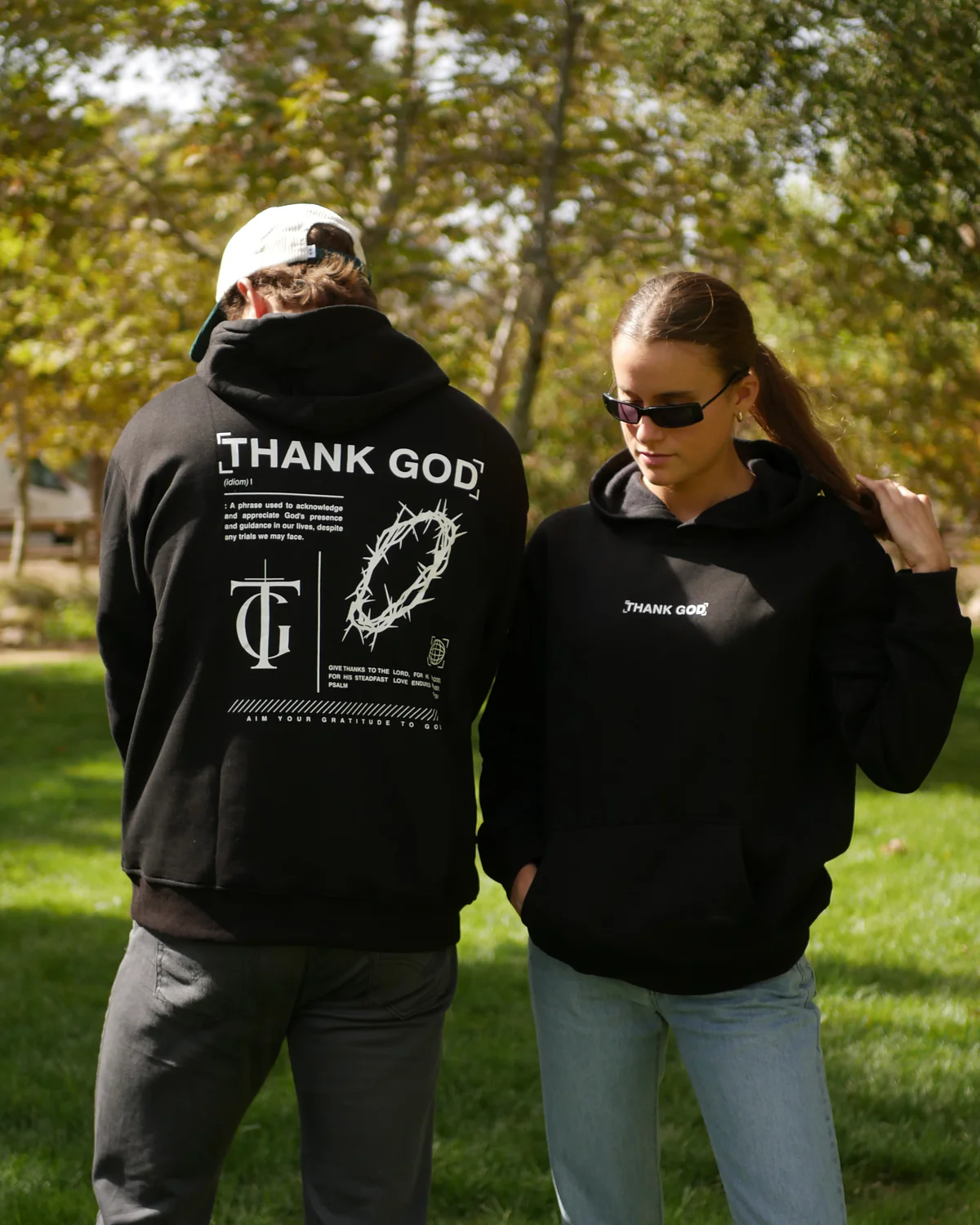 Thank God apparel Redefine hoodie two-person lifestyle shot