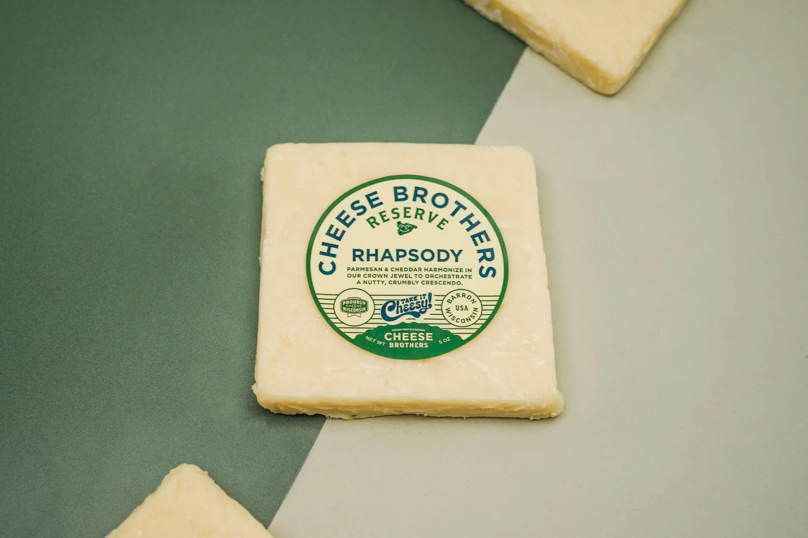 Cheese Brothers Rhapsody cheddar parmesan cheese block front label