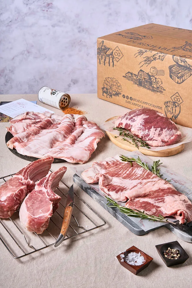 Campo Grande Ibérico Pork Box with Secreto, Pork Belly Secreto, 4-Rib Rack and Presa Steak
