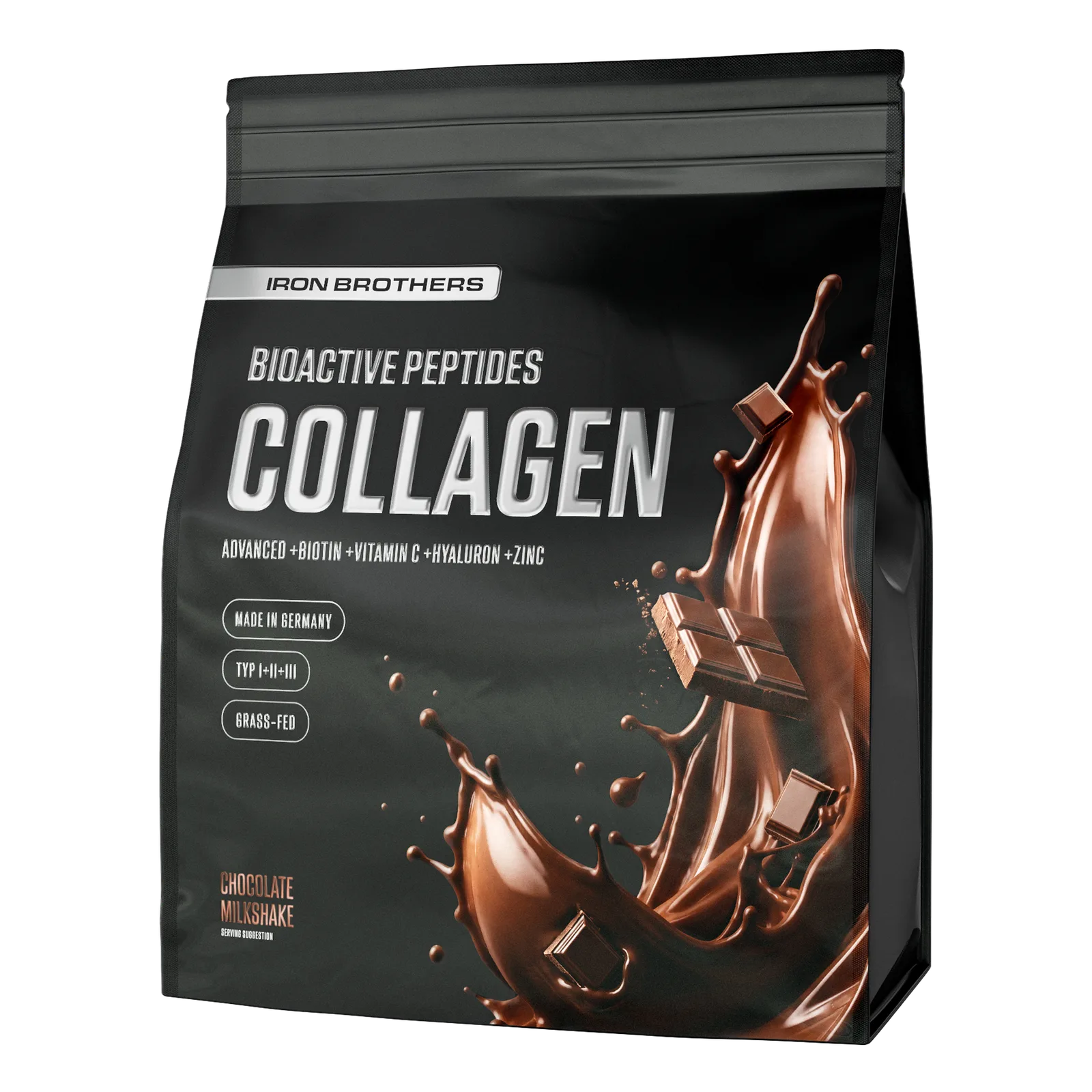 Iron Brothers Collagen Advanced canister front label showing flavor and ingredient callouts