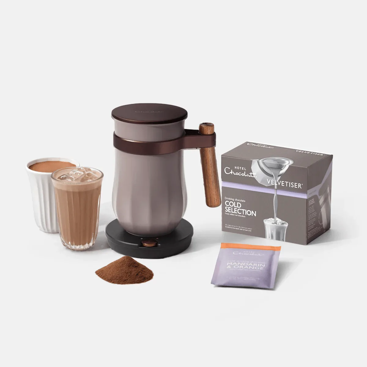 Hotel Chocolat Velvetiser Intro Pack in Pebble finish with mug, glass and drinking chocolate