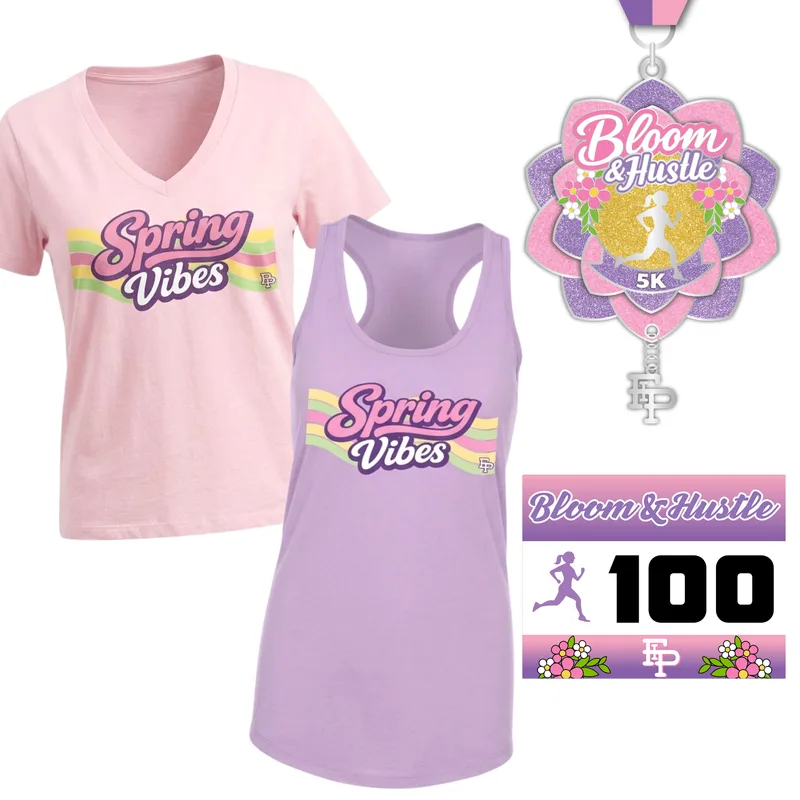 Flex it Pink April virtual 5K race pack with performance shirt and medal, an example of seasonal design variety