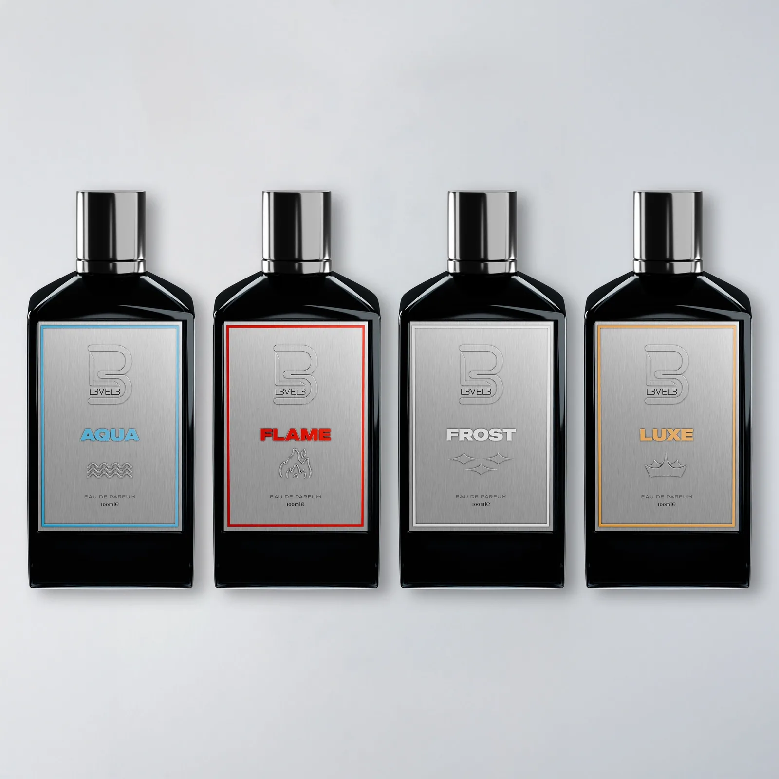 All four L3VEL3 eau de parfum bottles from the 4-pack lined up