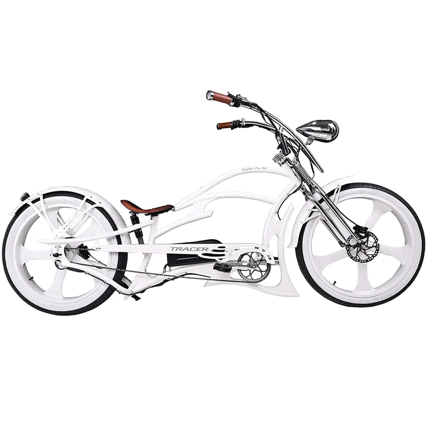 Tracer Raptor Pro DS white stretch cruiser electric bike right side view