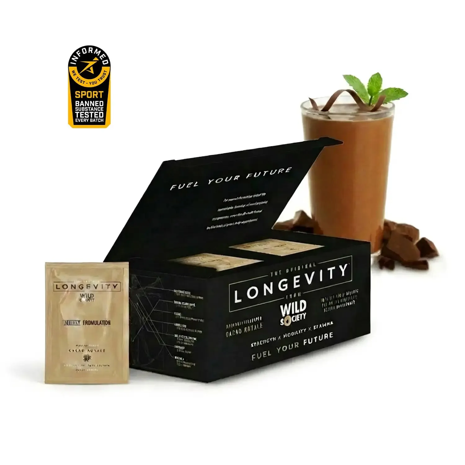 Wild Society Longevity superfood vitality shake in Chocolate flavor
