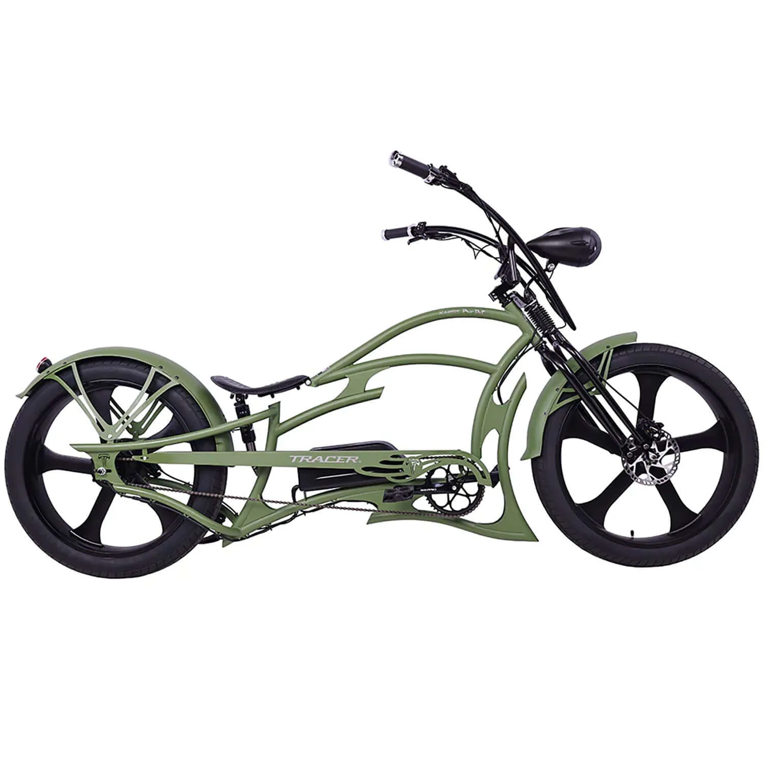Tracer Raptor Pro DS army green cruiser electric bike side profile with fat tires