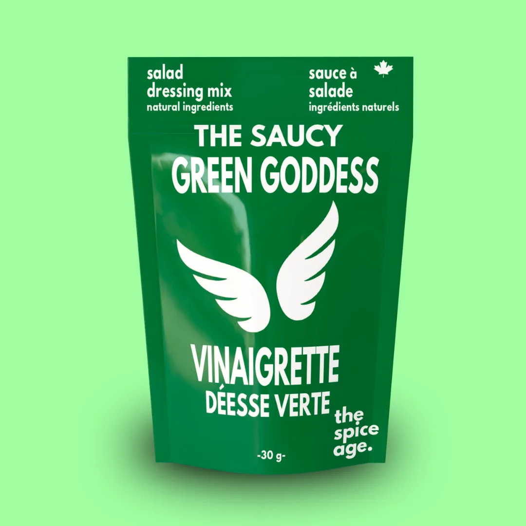 The Spice Age Green Goddess Dressing and Dip 6-pack case with herb branding