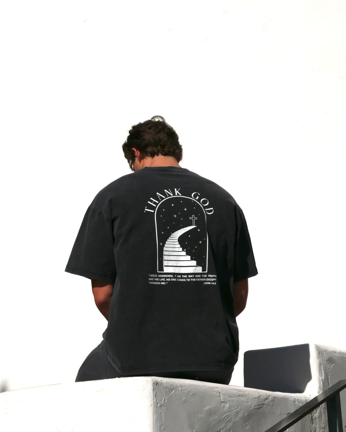 Thank God Salvation tee back showing oversized drop-shoulder fit