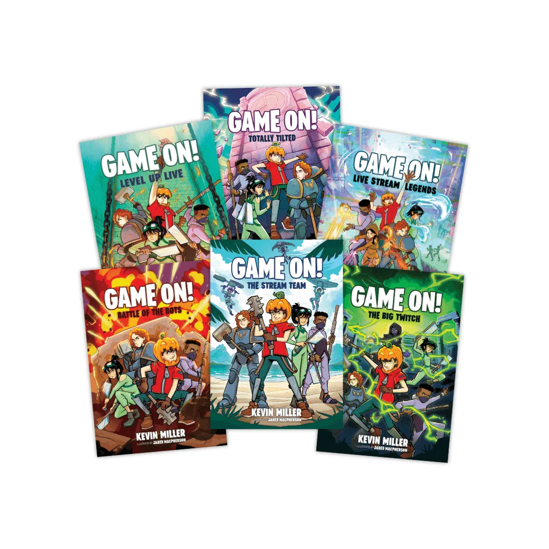 Bakken Books Game On 6-pack video-gamer themed chapter book series stacked on a table