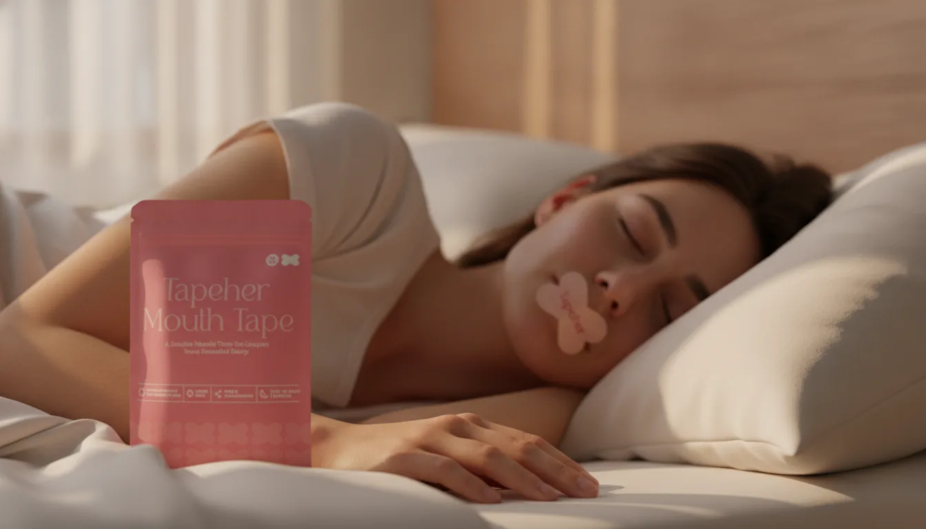 Tapeher X-shaped mouth tape used to encourage nasal breathing benefits during sleep in a calm bedroom with soft morning light
