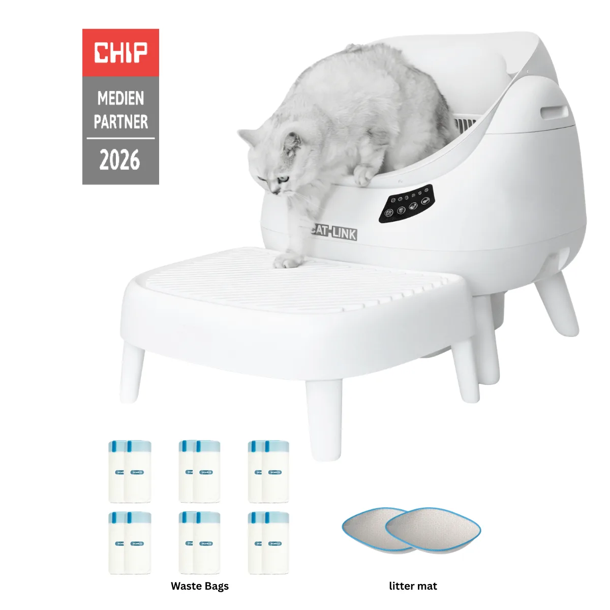 CATLINK Open-X open-top self-cleaning litter box with a cat sitting inside