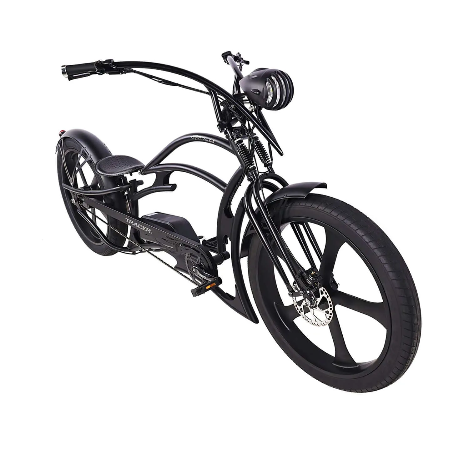 Tracer electric bikes: Raptor Pro DS matte black stretch cruiser front angle