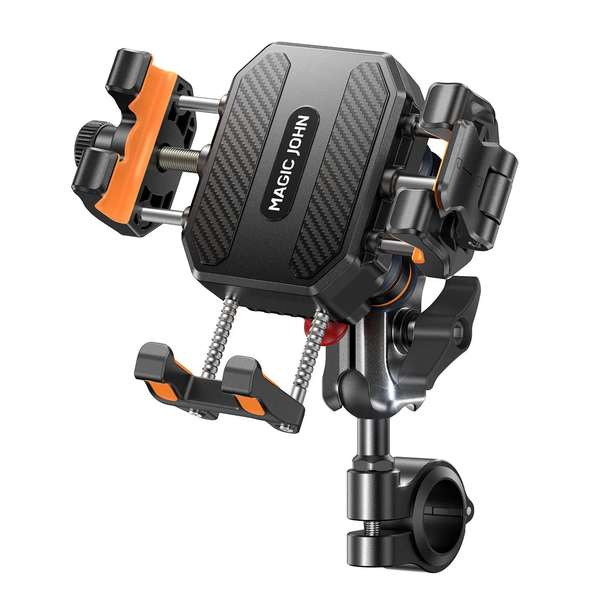 Magic John motorcycle phone mount product shot showing its bar clamp and side grips