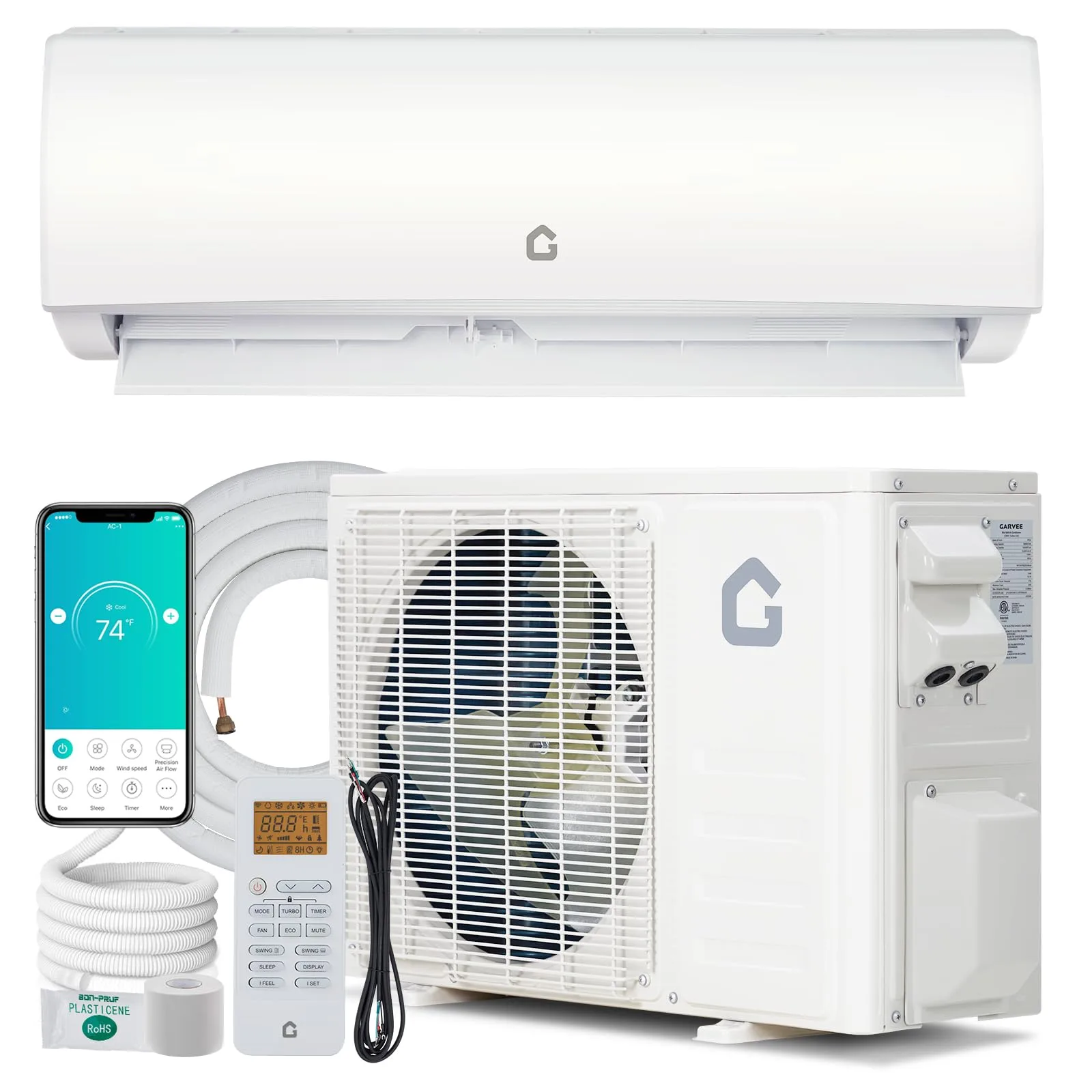 Garvee mini split air conditioner indoor unit and outdoor condenser installed on a home exterior