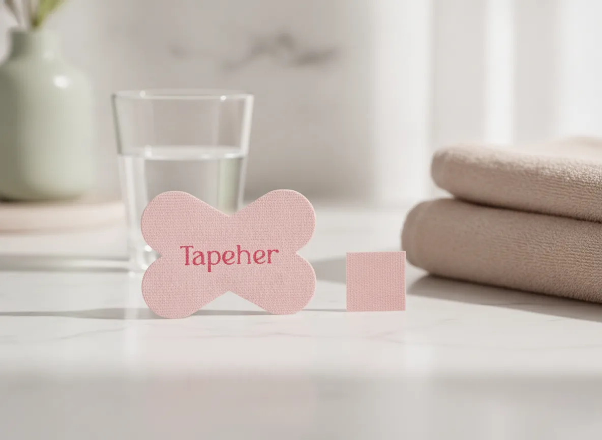 TapeHer X-shaped mouth tape strip and a small cut square on a clean marble counter with a glass of water and folded towels, set up for a 24-hour skin patch test