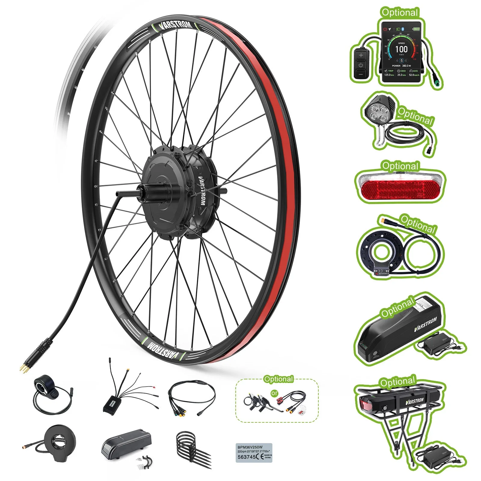 Varstrom conversion kit parts including hub motor, wheel, and controller
