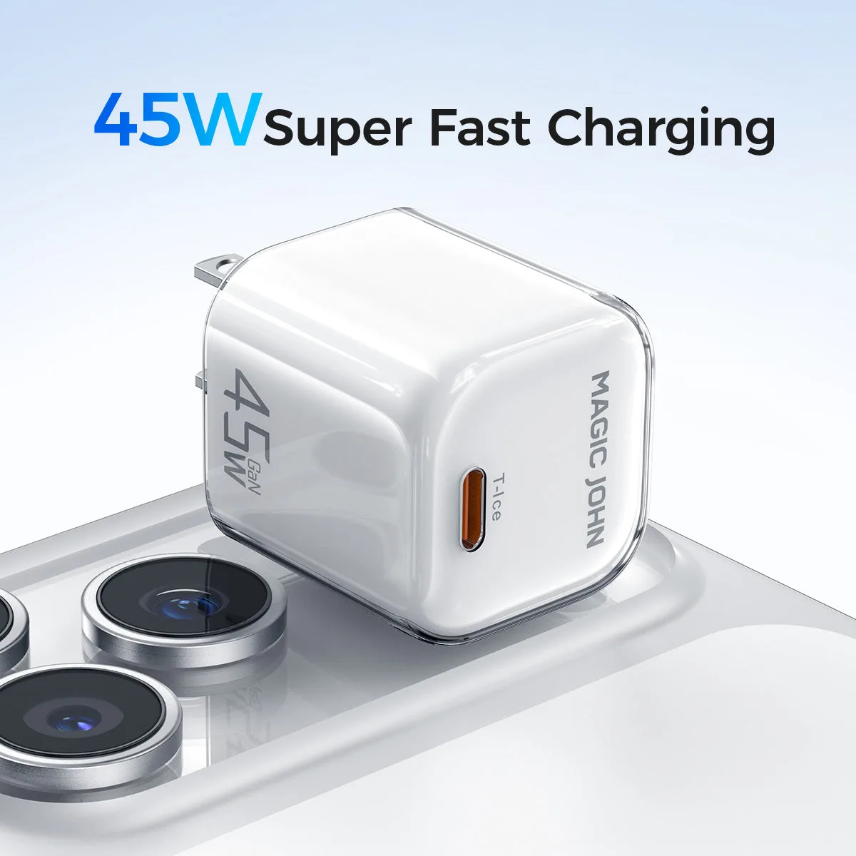 Magic John 45W USB-C GaN fast charger shown next to a phone for scale