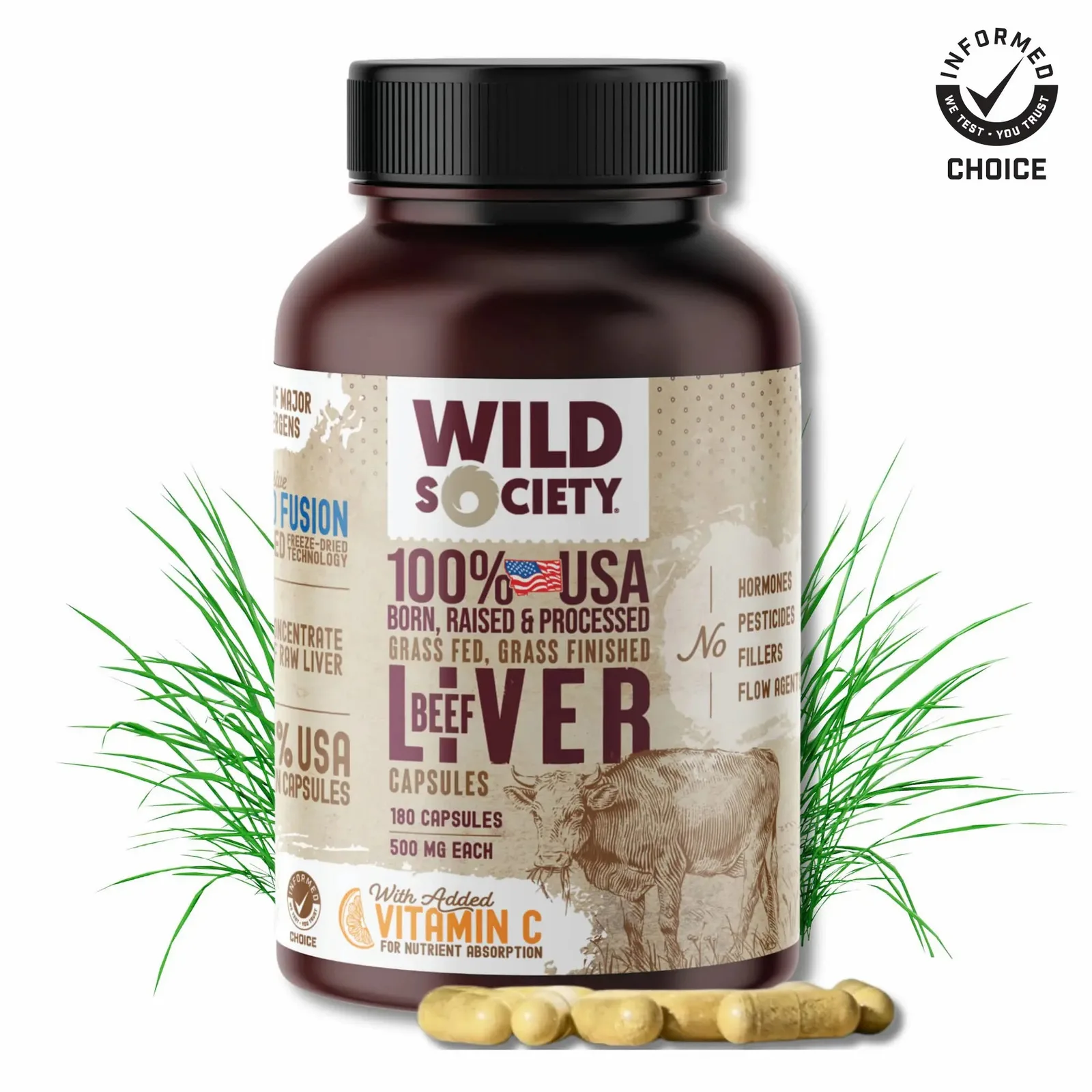 Wild Society superfoods beef liver capsules bottle, USA sourcing claim on label