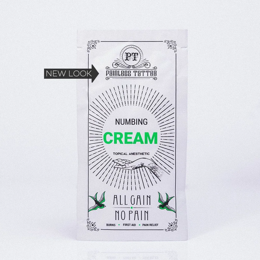 Painless Tattoo numbing cream single-use packet on a neutral background