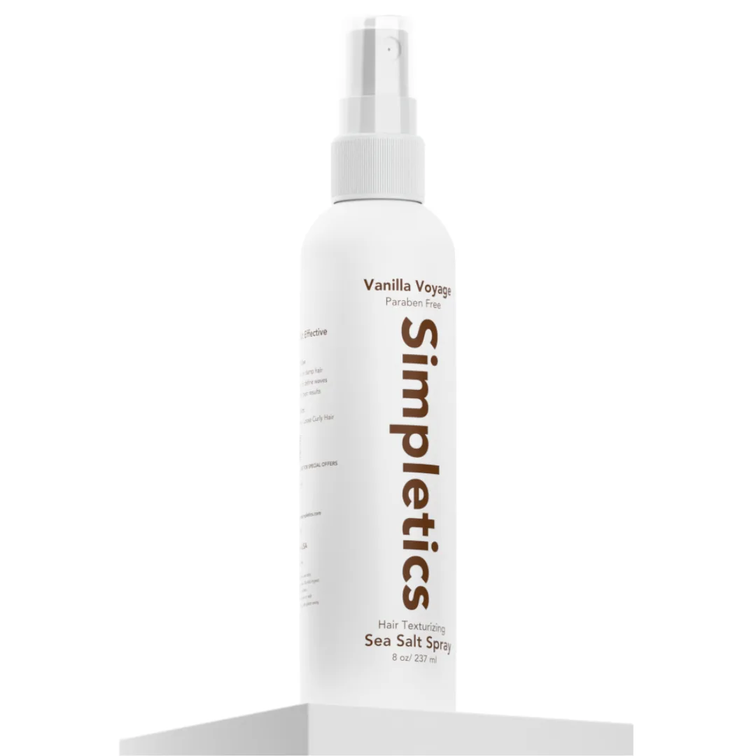 Simpletics hair products: Sea Salt Spray bottle in Vanilla Voyage scent on black background