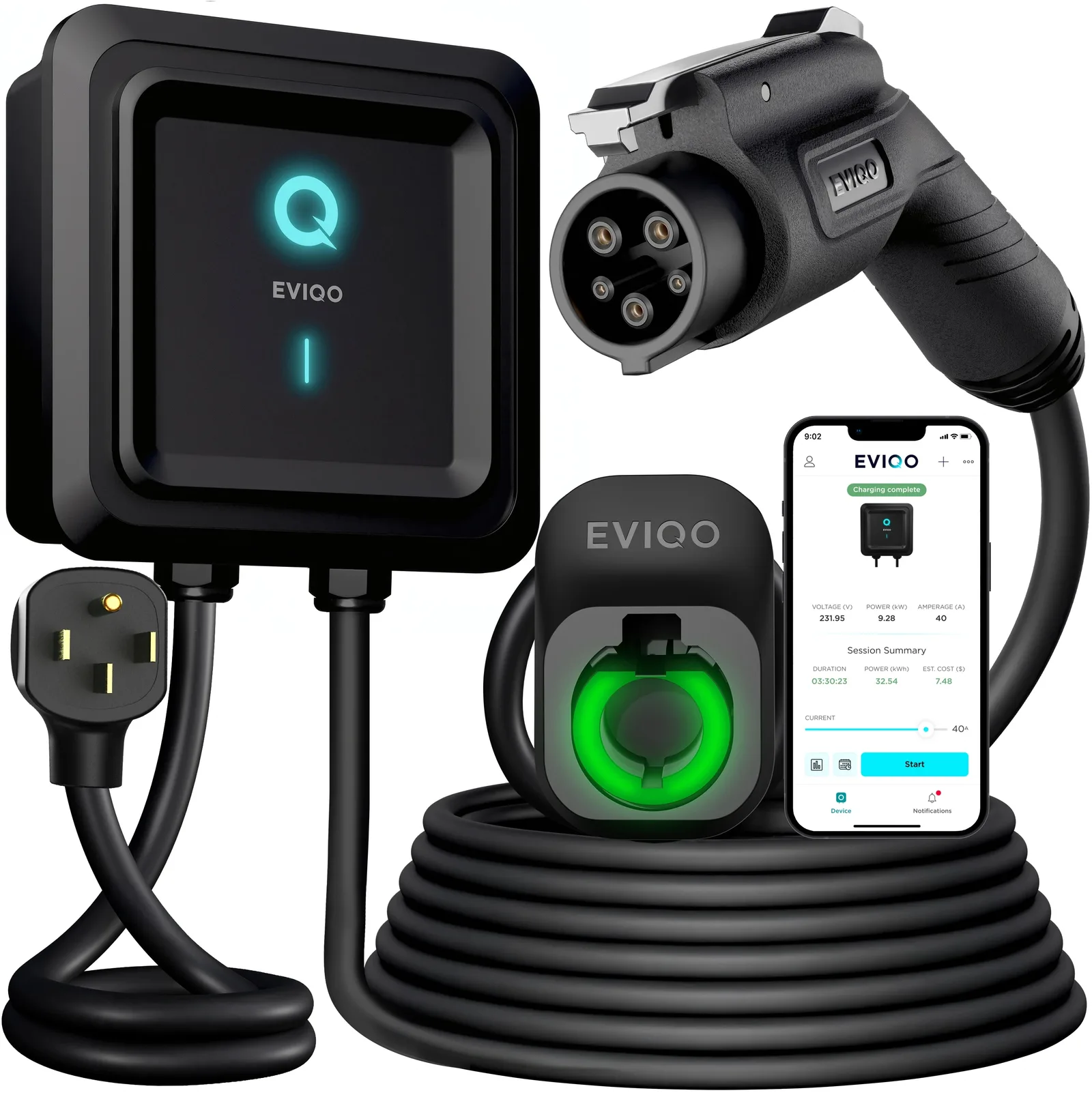 Eviqo EVIPOWER Level 2 EV charger mounted on a garage wall with 25-foot cable