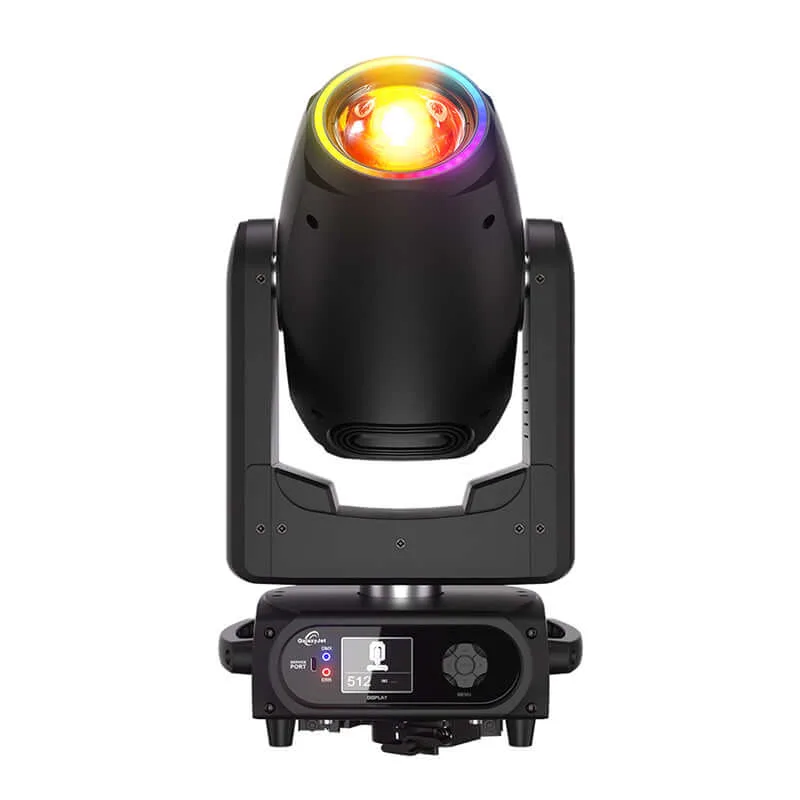 SHEHDS moving head fixture mounted above a DJ booth