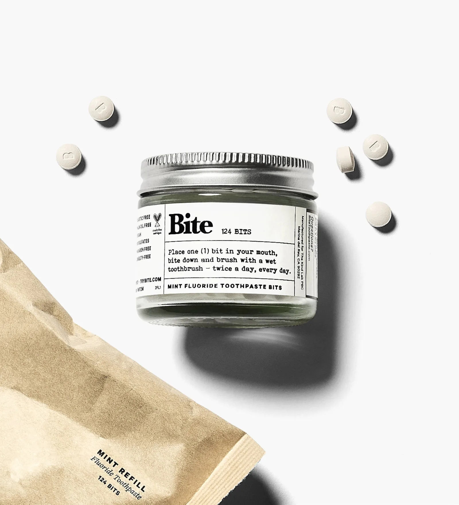 Bite Toothpaste Bits review: fluoride tablet formula in a clear glass jar