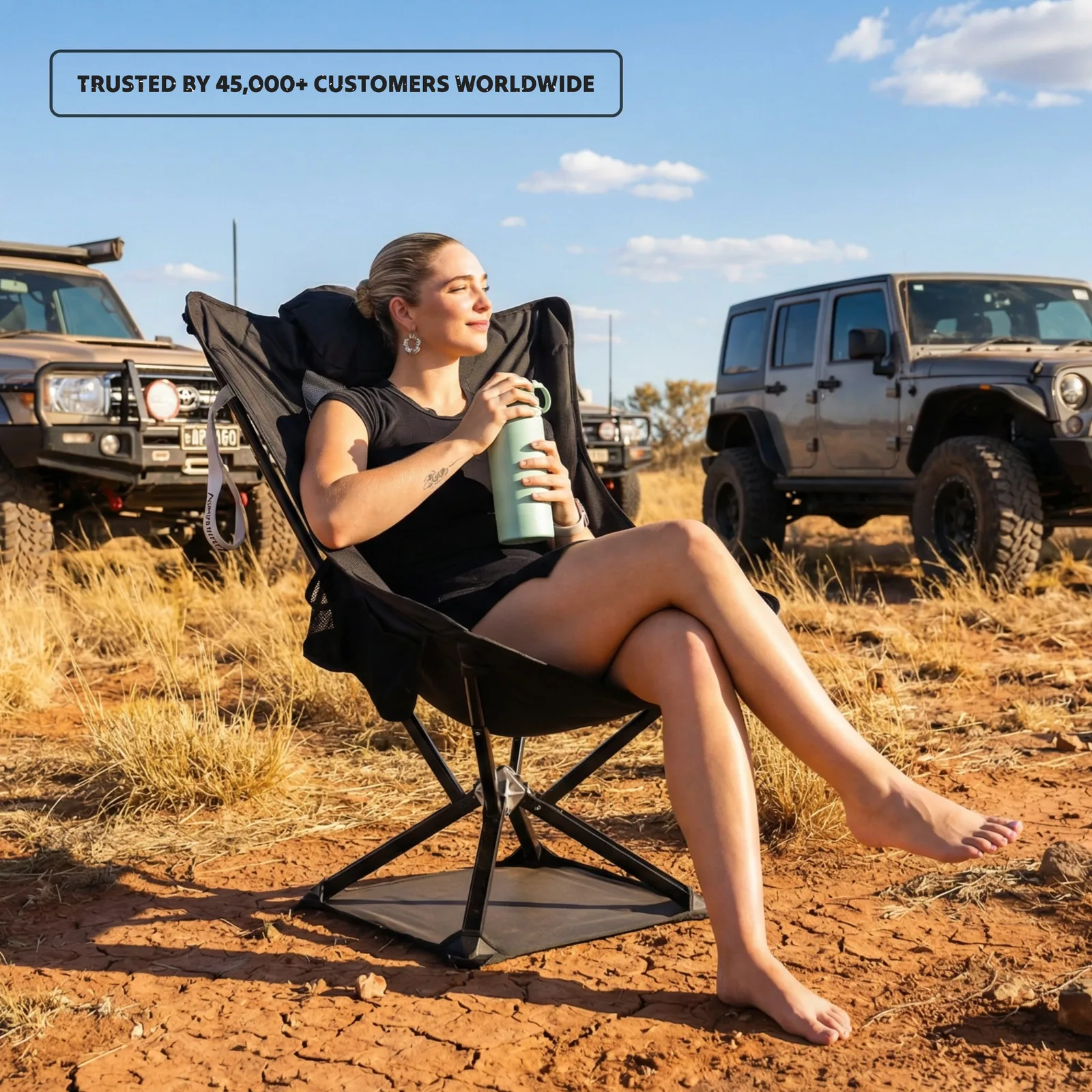 Ozzi Gear Outdoor Lounger reclined showing the integrated neck pillow and aviation aluminium frame