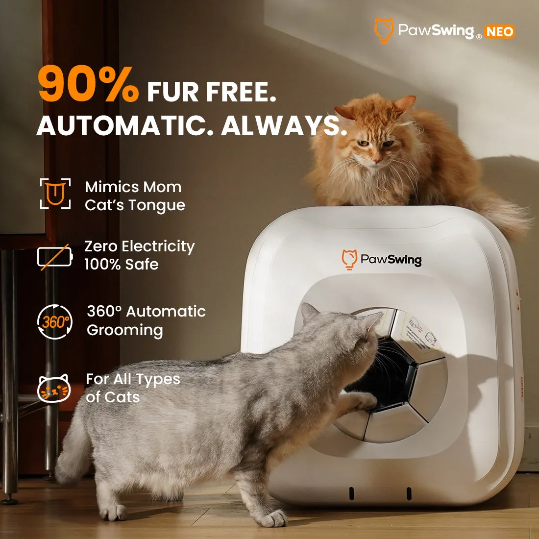 PawSwing Neo self-grooming cat house, the mechanical model cats walk through