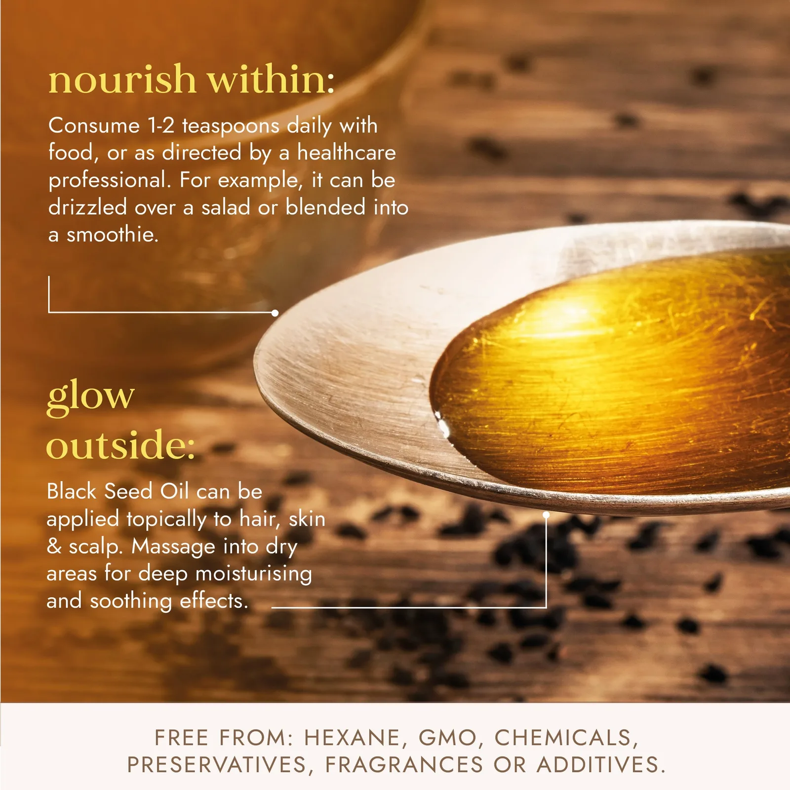 Spoon of Fushi black seed oil beside Nigella sativa seeds, with the brand's suggested daily and topical use