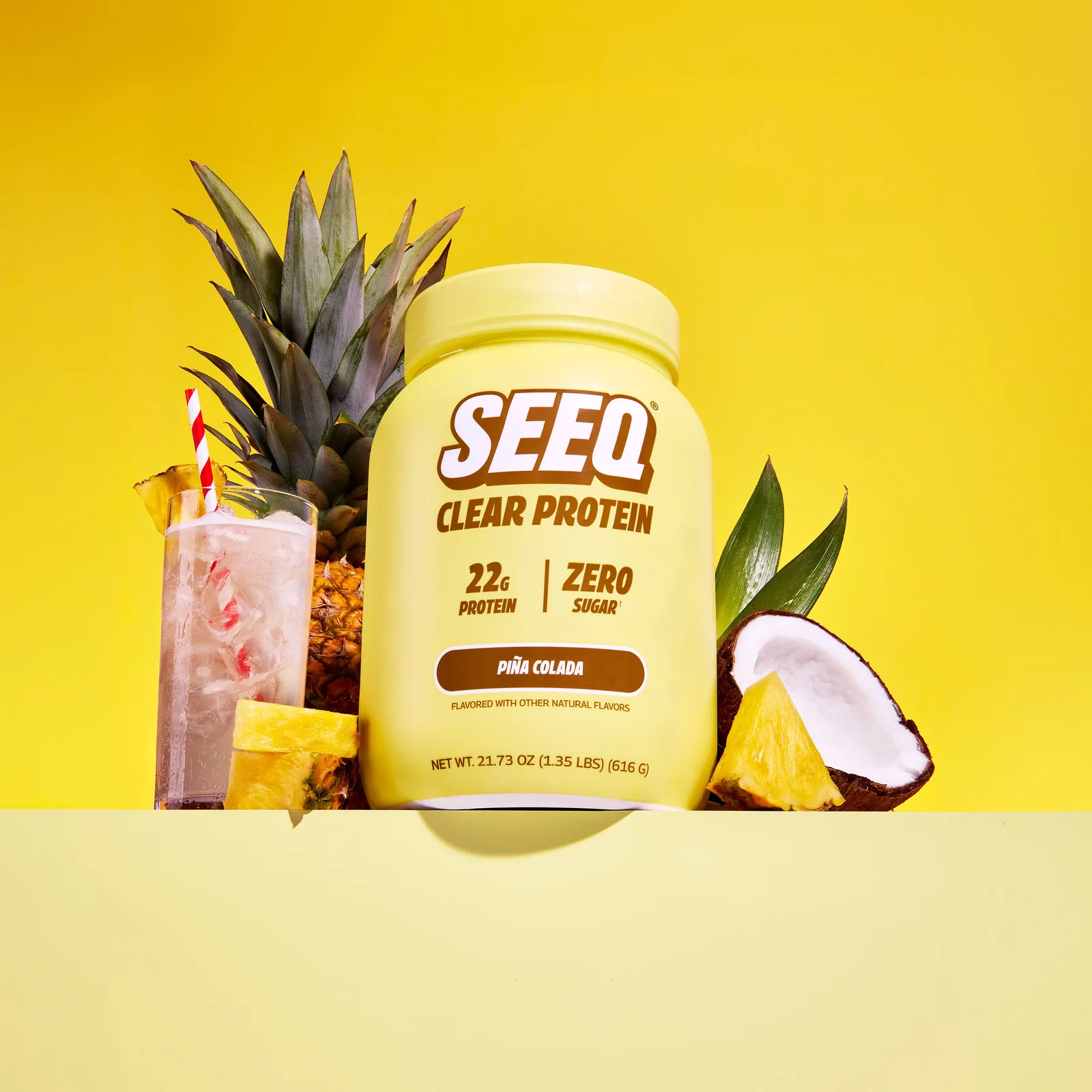 SEEQ Clear Protein Piña Colada tub front angle